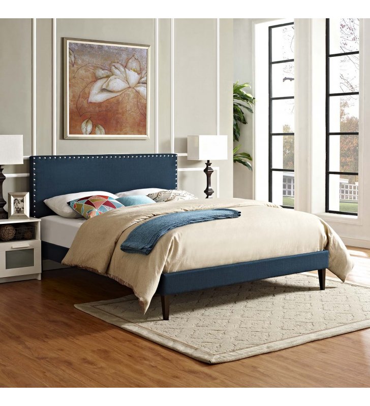 Macie Queen Fabric Platform Bed with Squared Tapered Legs in Azure - Lexmod