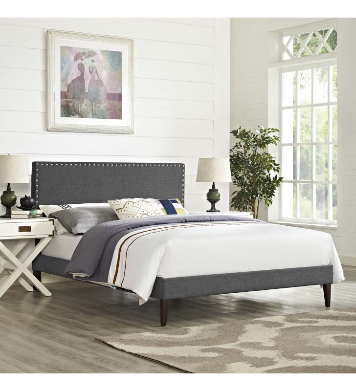 Macie King Fabric Platform Bed with Squared Tapered Legs in Gray - Lexmod
