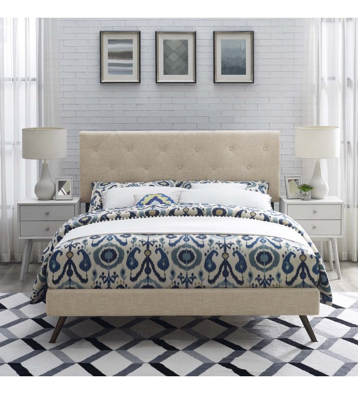 Tarah Queen Fabric Platform Bed with Round Splayed Legs in Beige - Lexmod