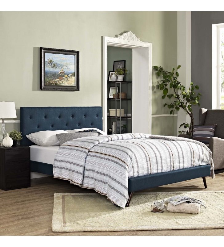 Tarah King Fabric Platform Bed with Round Splayed Legs in Azure - Lexmod