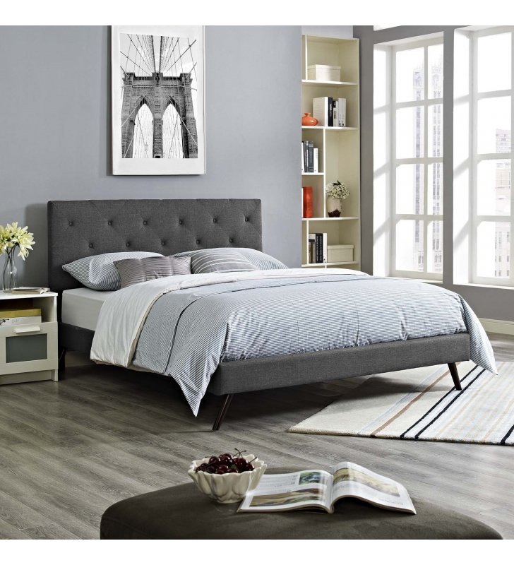 Tarah King Fabric Platform Bed with Round Splayed Legs in Gray - Lexmod