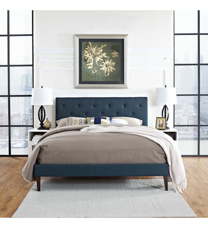 Tarah Queen Fabric Platform Bed with Squared Tapered Legs in Azure - Lexmod