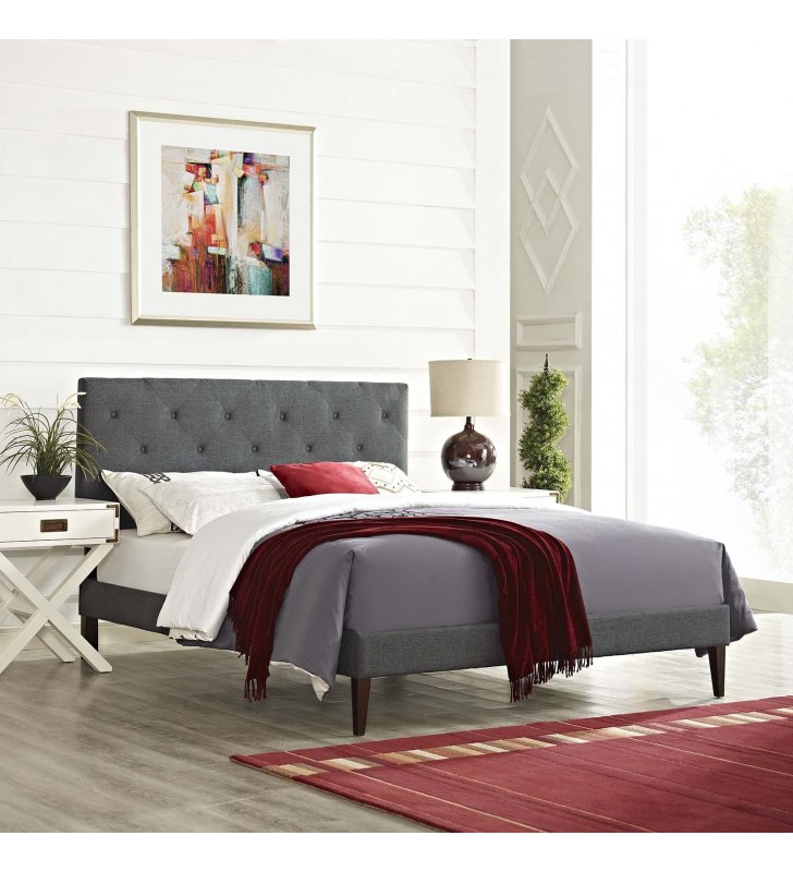 Tarah King Fabric Platform Bed with Squared Tapered Legs in Gray - Lexmod