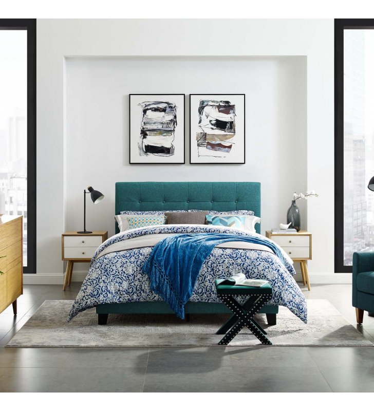 Amira Twin Upholstered Fabric Bed in Teal - Lexmod