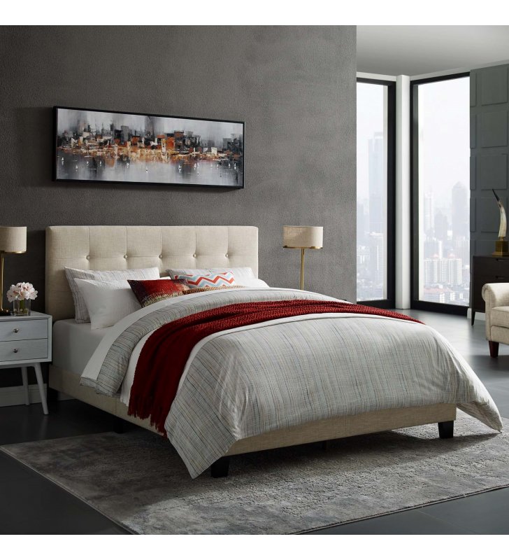 Amira King Upholstered Fabric Bed in Beige - Lexmod