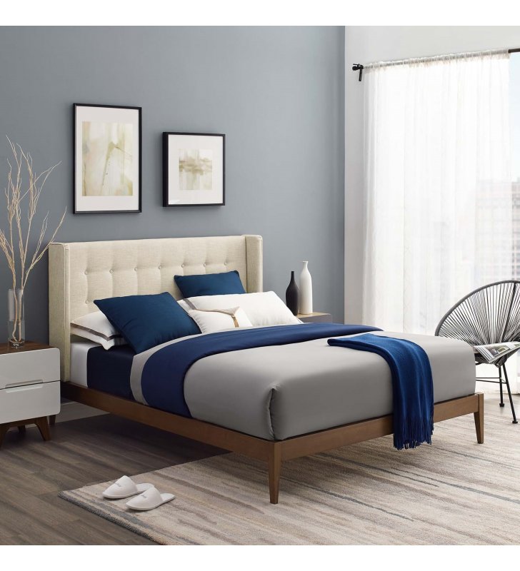 Hadley Queen Wingback Upholstered Polyester Fabric Platform Bed in Beige - Lexmod