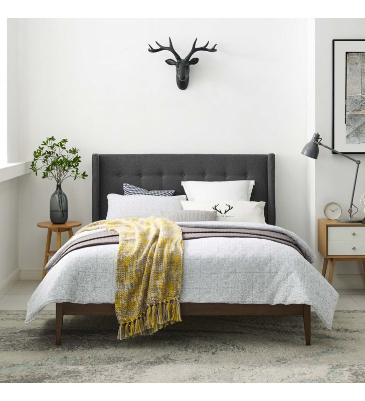 Hadley Queen Wingback Upholstered Polyester Fabric Platform Bed in Gray - Lexmod