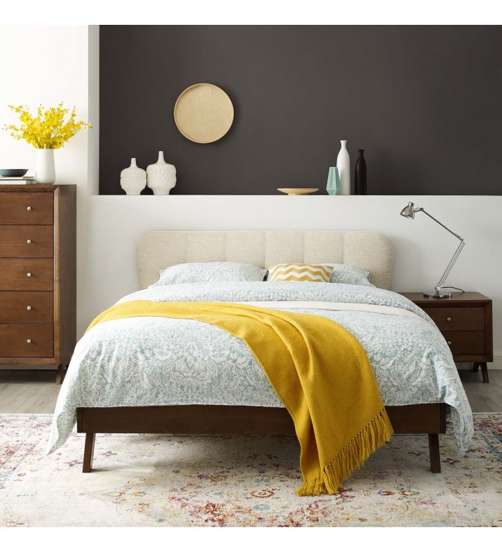 Gianna Queen Upholstered Polyester Fabric Platform Bed in Beige - Lexmod