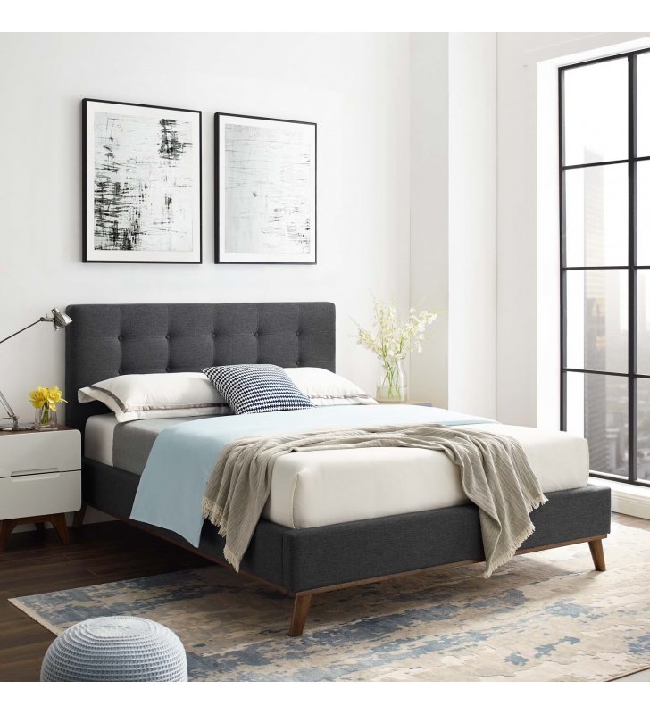 McKenzie Queen Biscuit Tufted Upholstered Fabric Platform Bed in Gray - Lexmod