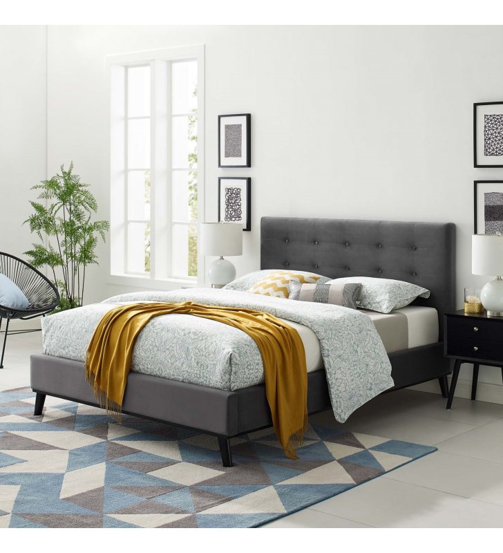 McKenzie Queen Biscuit Tufted Performance Velvet Platform Bed in Gray - Lexmod
