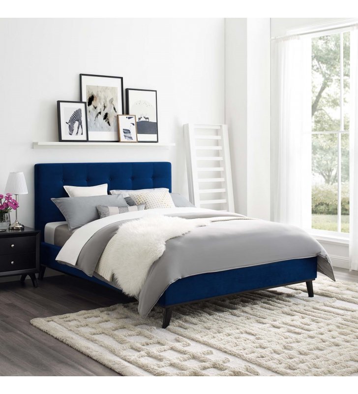 McKenzie Queen Biscuit Tufted Performance Velvet Platform Bed in Navy - Lexmod