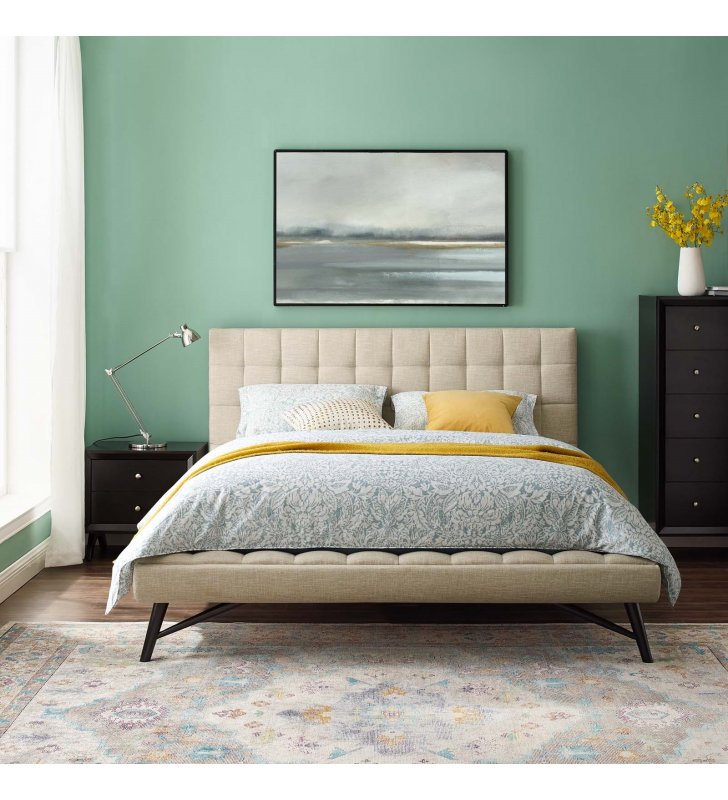 Julia Queen Biscuit Tufted Upholstered Fabric Platform Bed in Beige - Lexmod