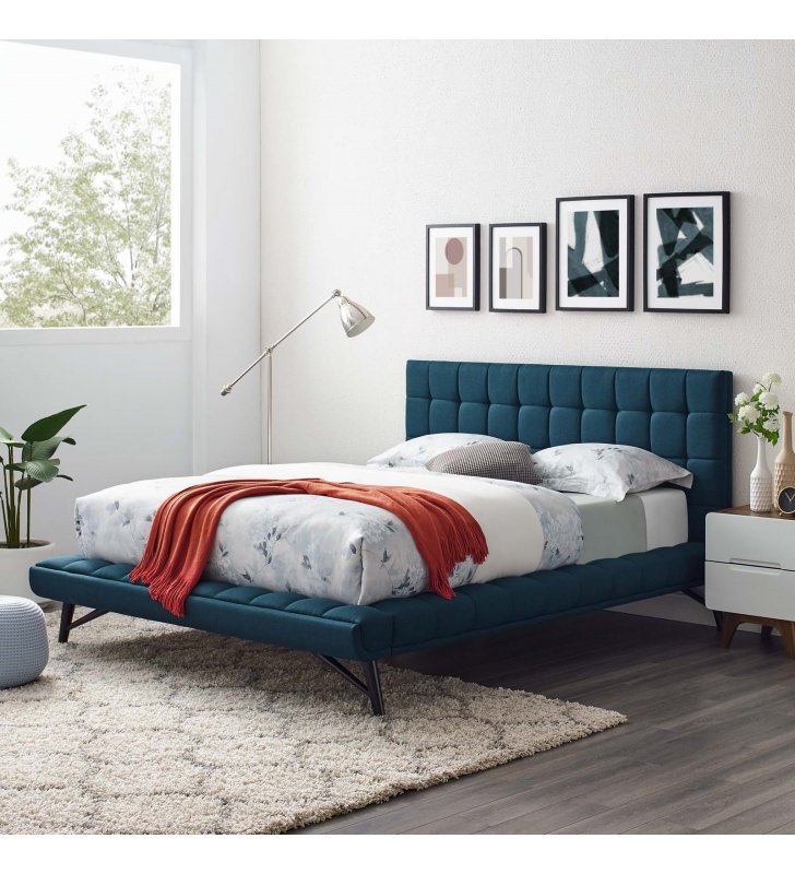 Julia Queen Biscuit Tufted Upholstered Fabric Platform Bed in Blue - Lexmod