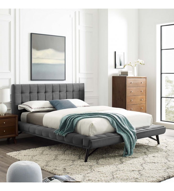 Julia Queen Biscuit Tufted Performance Velvet Platform Bed in Gray - Lexmod
