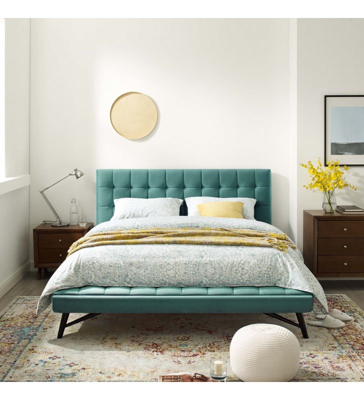 Julia Queen Biscuit Tufted Performance Velvet Platform Bed in Teal - Lexmod