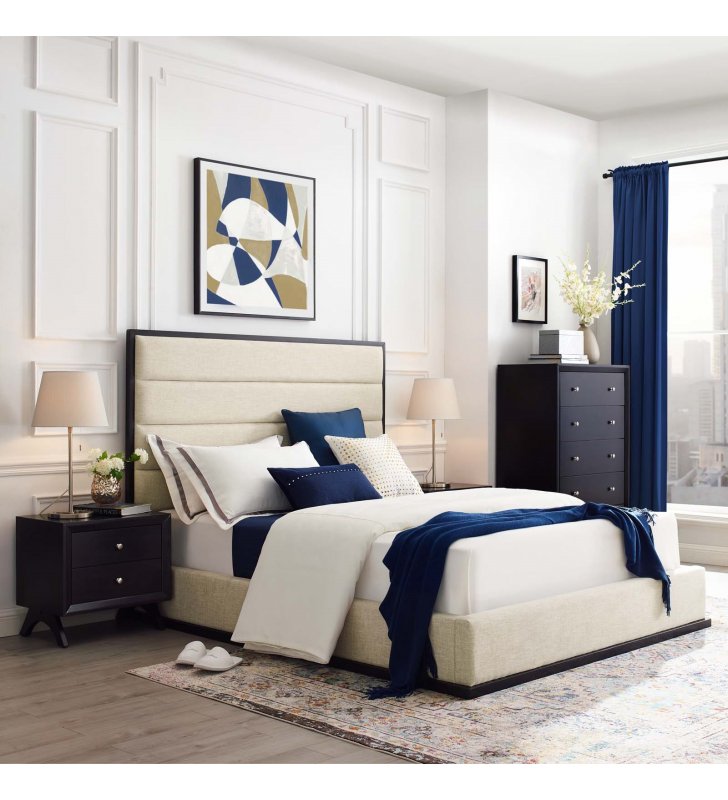 Ashland Queen Upholstered Linen Fabric Platform Bed in Beige - Lexmod