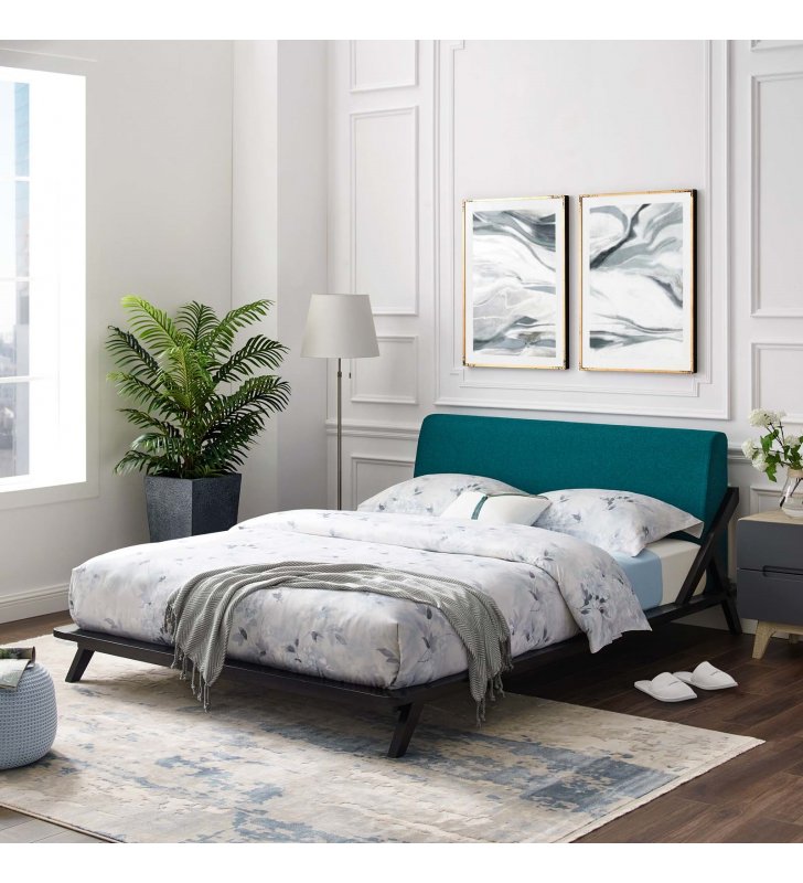 Luella Queen Upholstered Fabric Platform Bed in Cappuccino Teal - Lexmod