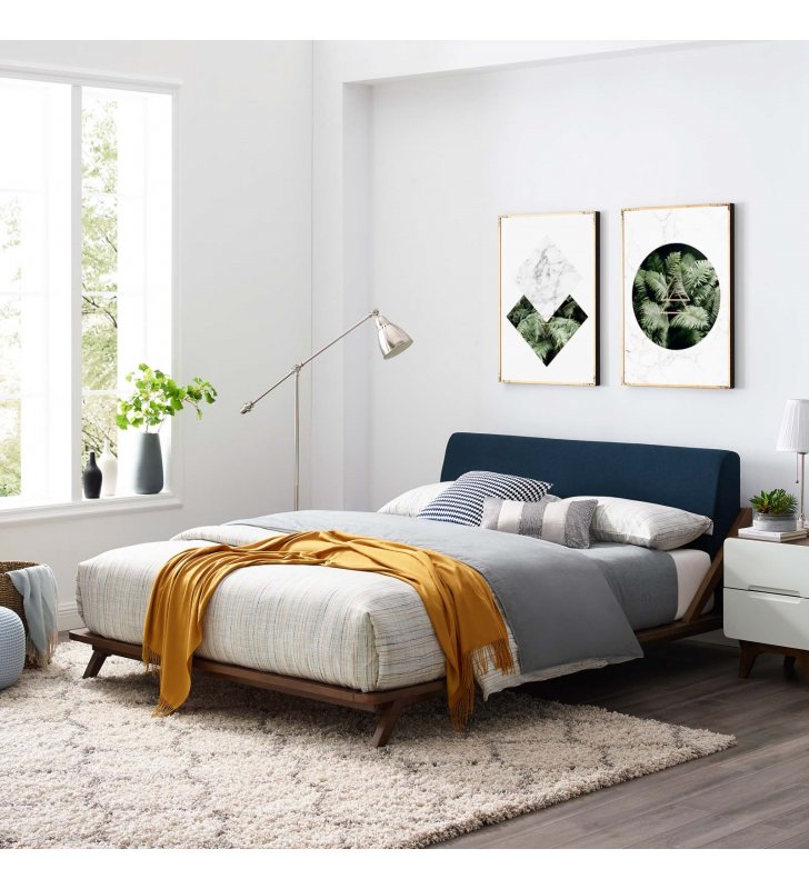 Luella Queen Upholstered Fabric Platform Bed in Walnut Blue - Lexmod
