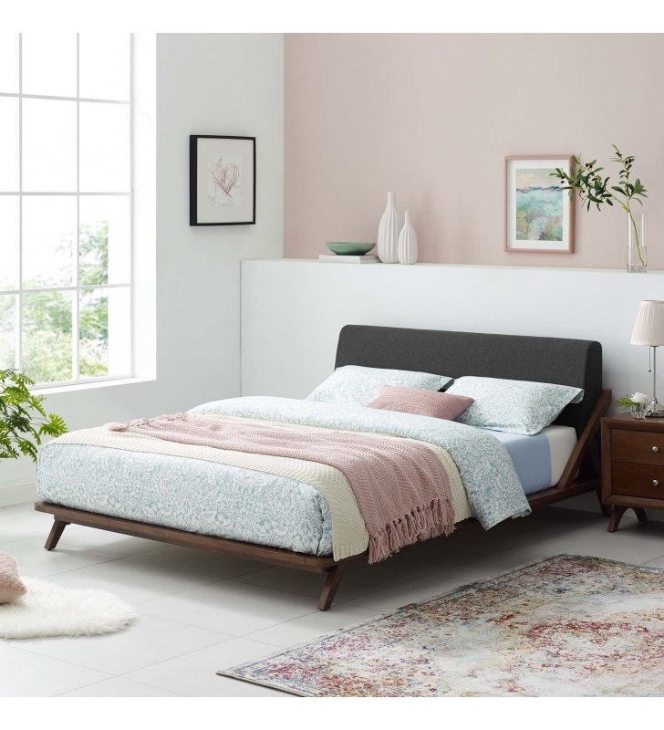 Luella Queen Upholstered Fabric Platform Bed in Walnut Gray - Lexmod