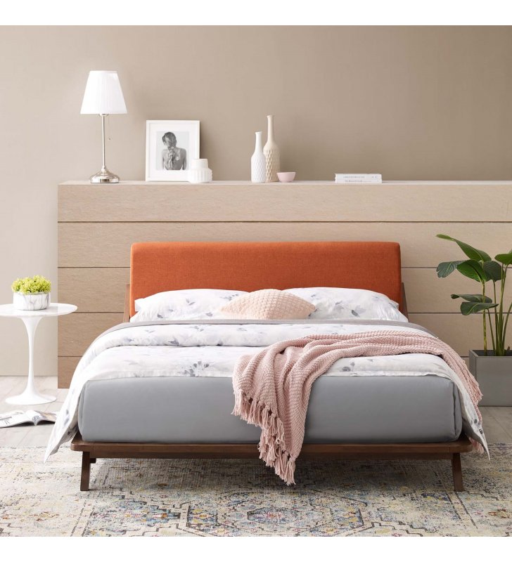 Luella Queen Upholstered Fabric Platform Bed in Walnut Orange - Lexmod