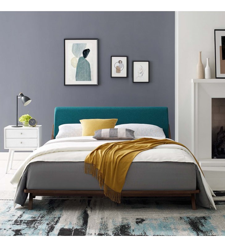Luella Queen Upholstered Fabric Platform Bed in Walnut Teal - Lexmod