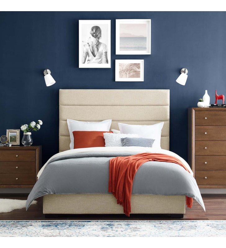Genevieve Queen Upholstered Fabric Platform Bed in Beige - Lexmod