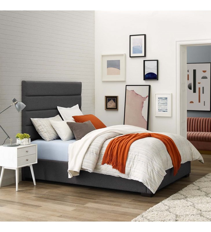 Genevieve Queen Upholstered Fabric Platform Bed in Gray - Lexmod