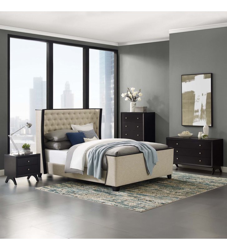 Galia Queen Upholstered Linen Fabric Platform Bed in Beige - Lexmod