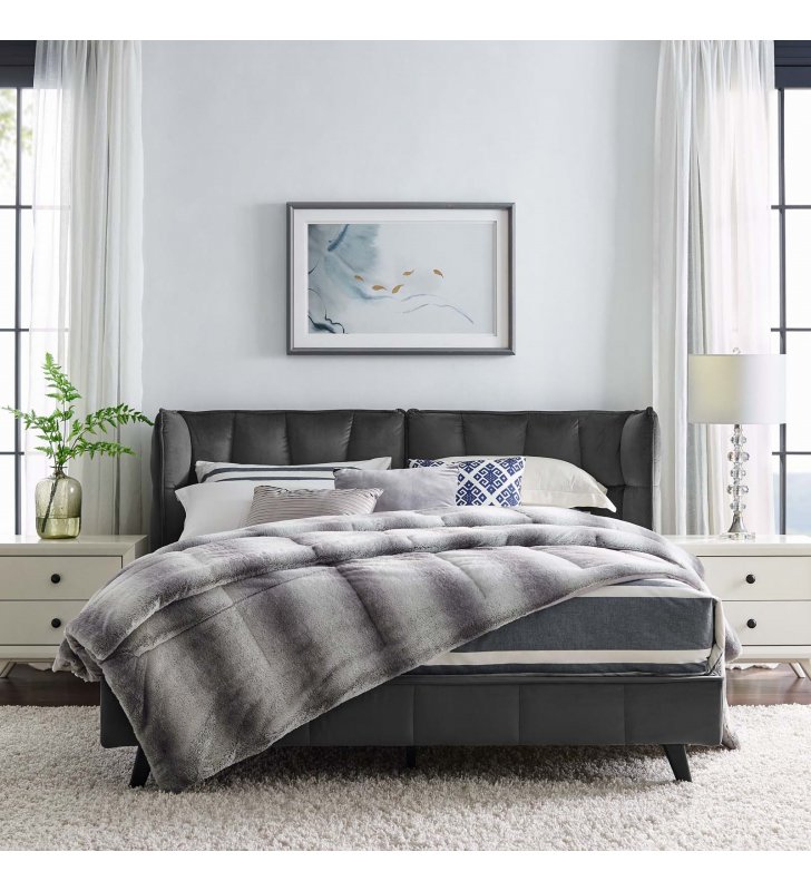 Makenna Queen Performance Velvet Platform Bed in Gray - Lexmod