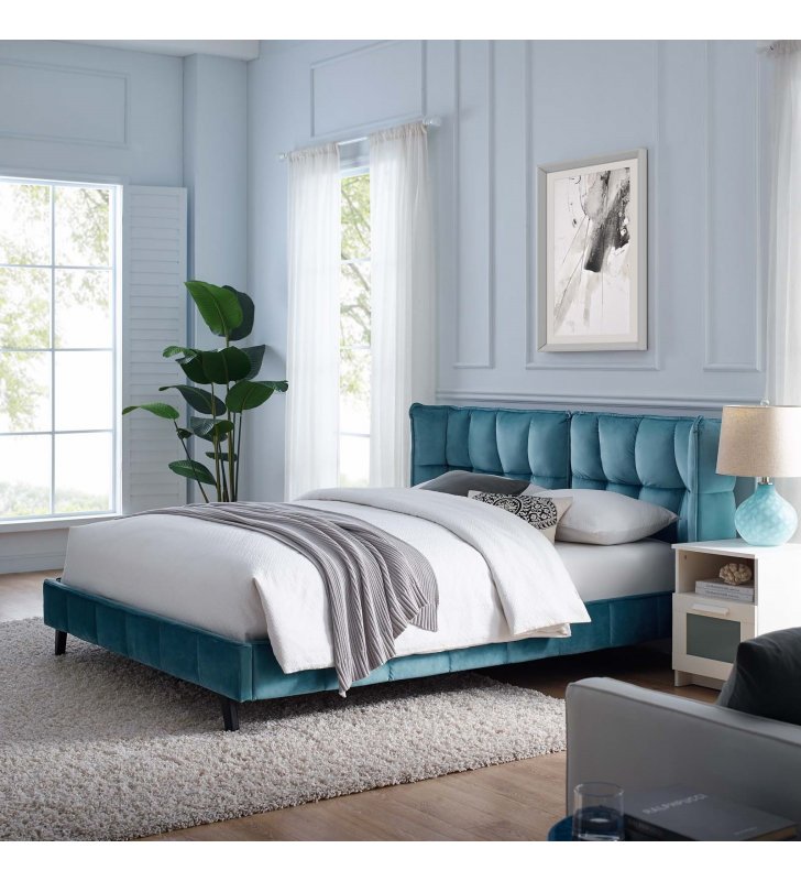 Makenna Queen Performance Velvet Platform Bed in Sea - Lexmod
