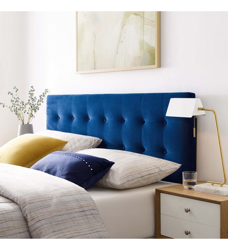 Emily Queen Biscuit Tufted Performance Velvet Headboard in Navy - Lexmod