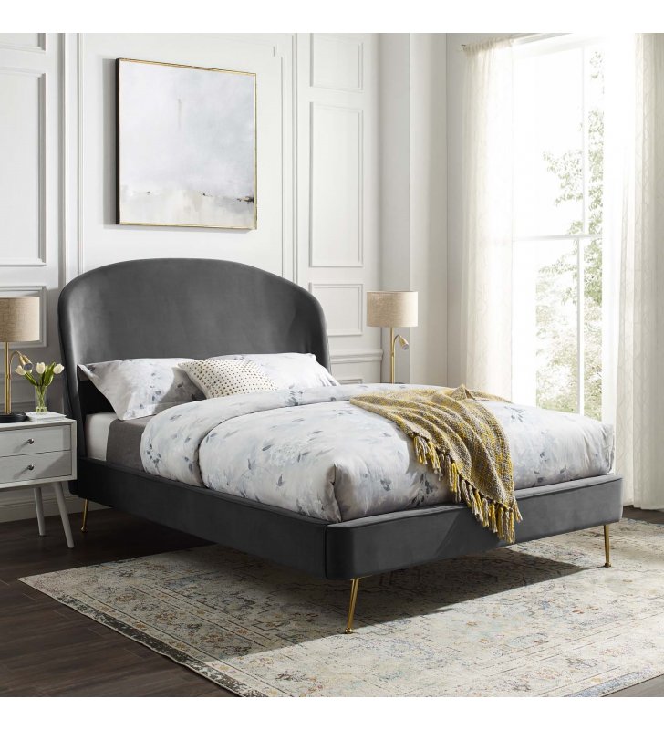 Mira Upholstered Performance Velvet Queen Platform Bed in Gray - Lexmod