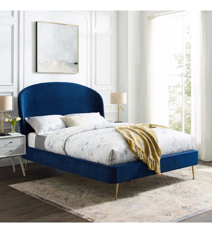 Mira Upholstered Performance Velvet Queen Platform Bed in Navy - Lexmod