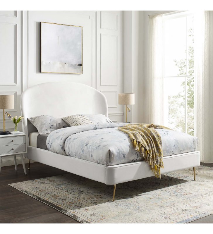 Mira Upholstered Performance Velvet Queen Platform Bed in White - Lexmod