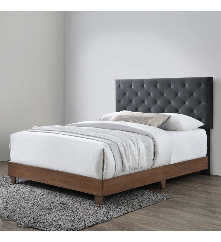 Rhiannon Diamond Tufted Upholstered Performance Velvet Queen Bed in Walnut Charcoal - Lexmod