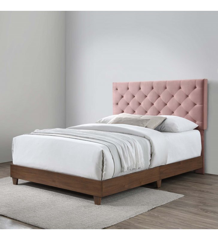 Rhiannon Diamond Tufted Upholstered Performance Velvet Queen Bed in Walnut Dusty Rose - Lexmod