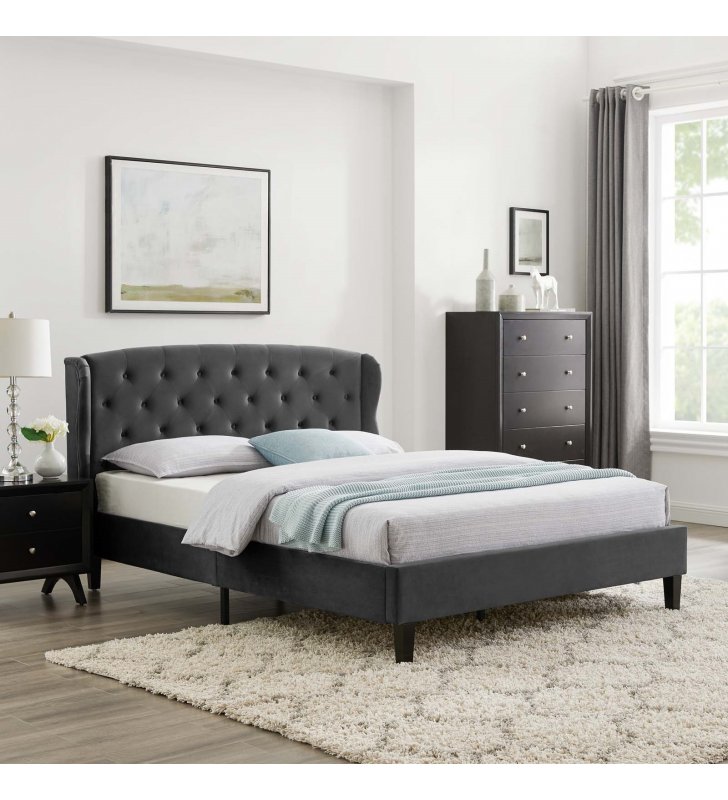 Penelope Tufted Wingback Queen Performance Velvet Platform Bed in Charcoal - Lexmod