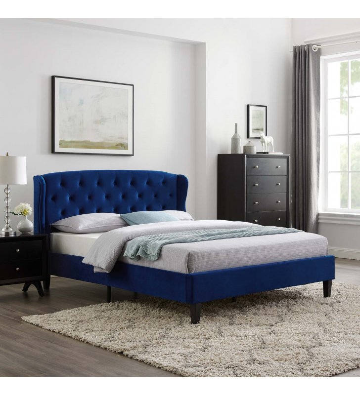 Penelope Tufted Wingback Queen Performance Velvet Platform Bed in Navy - Lexmod