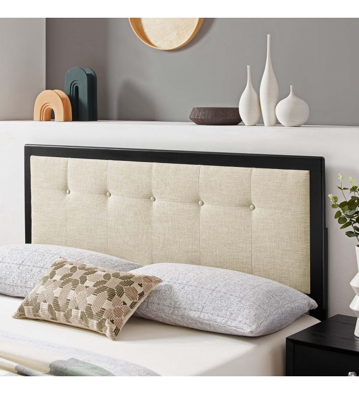 Draper Tufted Full Fabric and Wood Headboard in Black Beige - Lexmod