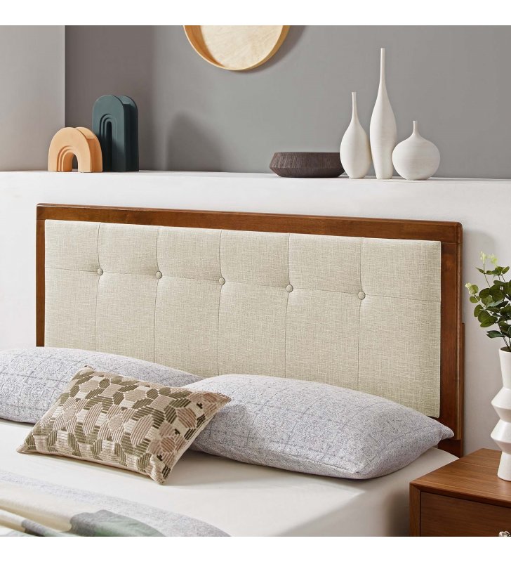 Draper Tufted Queen Fabric and Wood Headboard in Walnut Beige - Lexmod