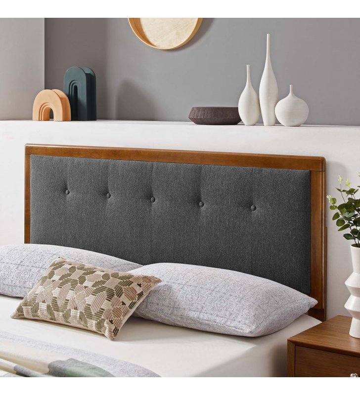 Draper Tufted Queen Fabric and Wood Headboard in Walnut Charcoal - Lexmod
