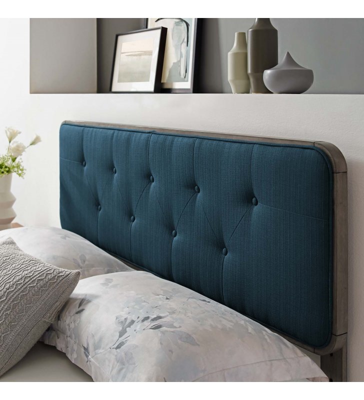 Collins Tufted Queen Fabric and Wood Headboard in Gray Azure - Lexmod