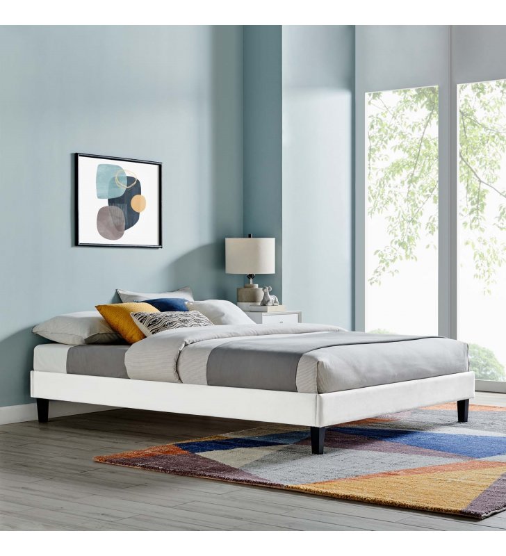 Reign Twin Performance Velvet Platform Bed Frame in White - Lexmod