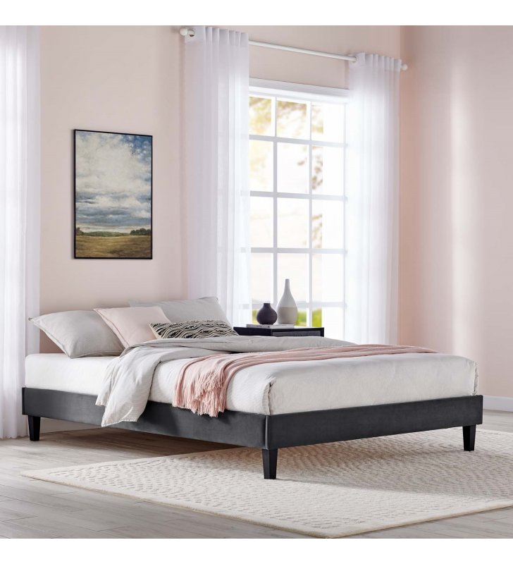 Reign Queen Performance Velvet Platform Bed Frame in Charcoal - Lexmod