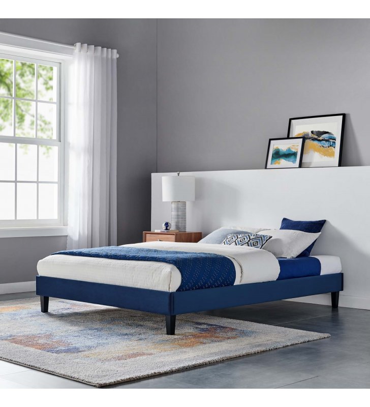 Reign Queen Performance Velvet Platform Bed Frame in Navy - Lexmod