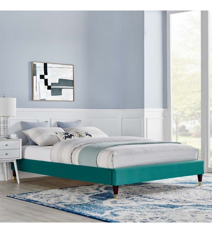 Harlow Twin Performance Velvet Platform Bed Frame in Teal - Lexmod