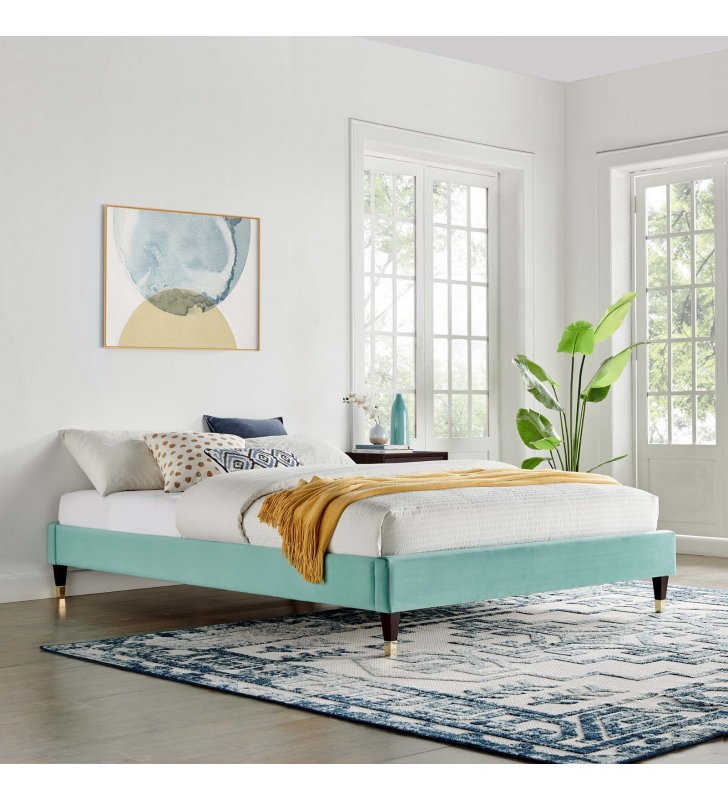 Harlow Full Performance Velvet Platform Bed Frame in Mint - Lexmod