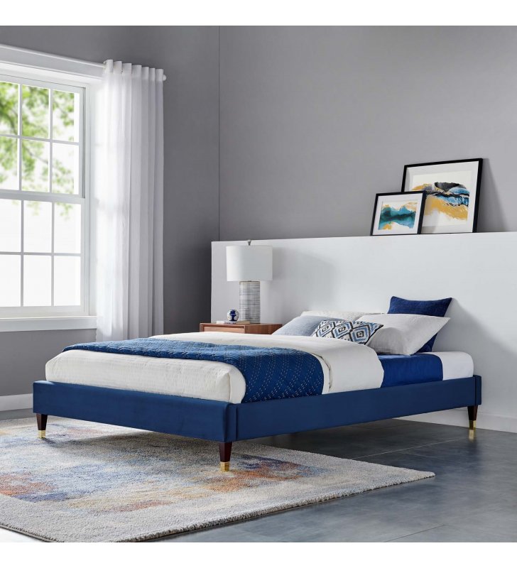 Harlow Full Performance Velvet Platform Bed Frame in Navy - Lexmod
