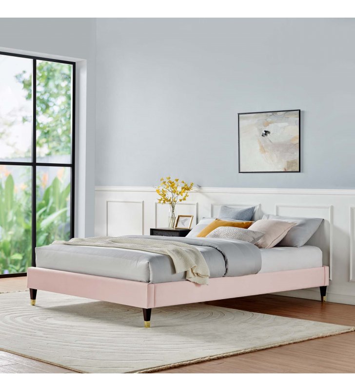 Harlow Full Performance Velvet Platform Bed Frame in Pink - Lexmod