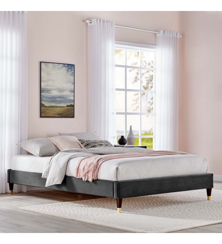 Harlow Queen Performance Velvet Platform Bed Frame in Charcoal - Lexmod